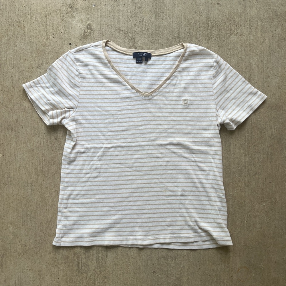 Chaps Tan and White Striped V-Neck Tee